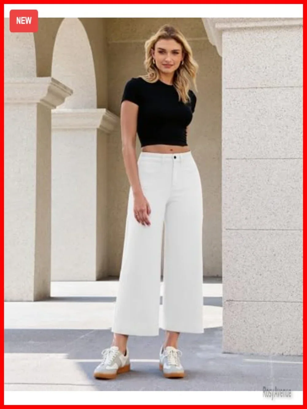 High Waisted Wide Leg Cropped Jeans Stretch Denim Patch Pocket Trouser